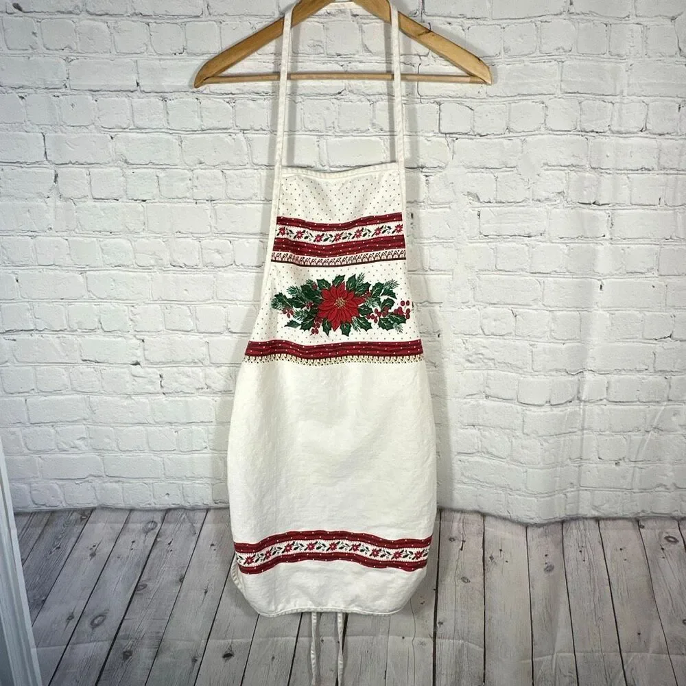 Vintage Christmas‎ Apron Poinsettia Holly Border Butcher Holiday Baking